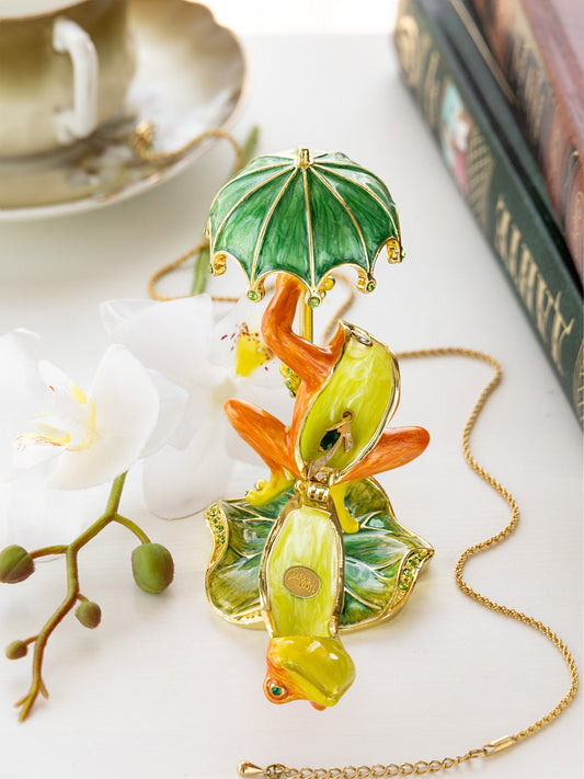 Rainy Day Orange Frog with Umbrella Trinket Box-1