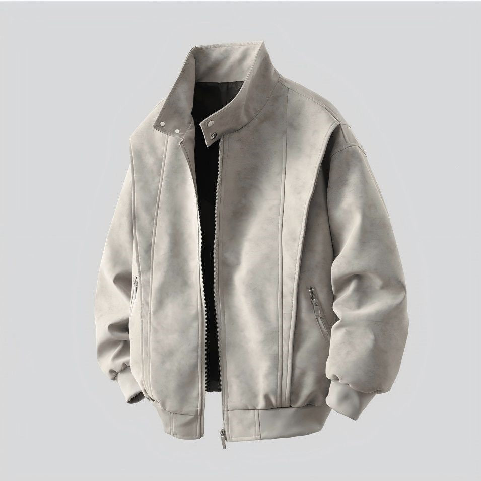 Vintage Tie-Dye PU Leather Zipper Stand Collar Loose Fit Jacket