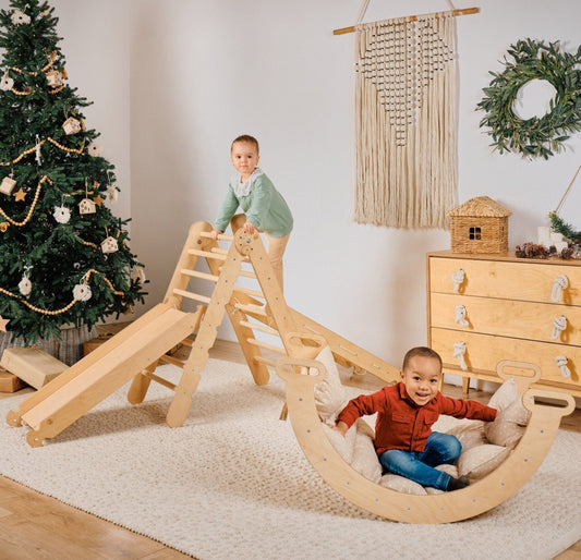 5in1 Montessori Climbing Set: Triangle Ladder + Arch/Rocker + Slide Board/Ramp + Netting rope + Cushion