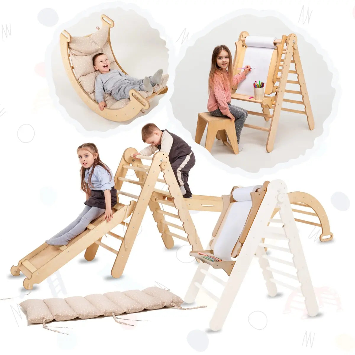 6in1 Montessori Climbing Set: Triangle Ladder + Arch/Rocker + Slide/Ramp + Net + Cushion + Art Addition