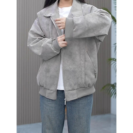 Vintage Tie-Dye PU Leather Zipper Stand Collar Loose Fit Jacket