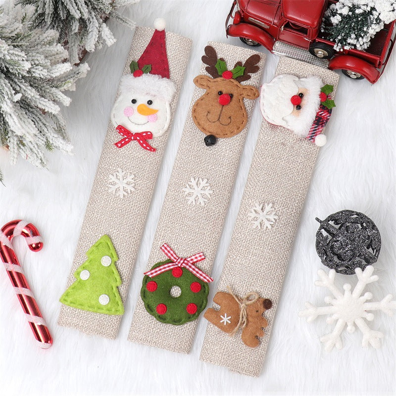 Christmas Home Decoration Products Santa Claus Snowman Elk Linen Refrigerator Handle Sticker Microwave Oven Handle Cover